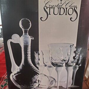 Vintage Crystal Clear Studios Valerie Wine Set Decanter & 6 Wine Glasses 8 Oz